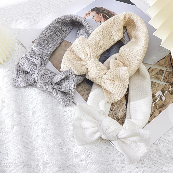 4" Baby Girls Hairband with Bows - 3Pcs Gray White Beige (Handmade Soft Headwraps Baby Hair Accessories for Infant Toddler)