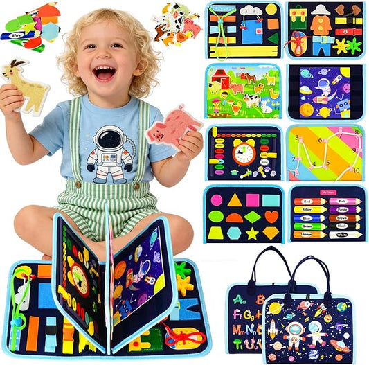 Toddler Busy Board Montessori Toys for Toddler 1-3 Year Old, Boy Birthday Gifts, Preschool Educational Montessori Busy Book Board, Felt Sensory Activity Board Sorting Toy Age 2-4 with Fine Motor Skill