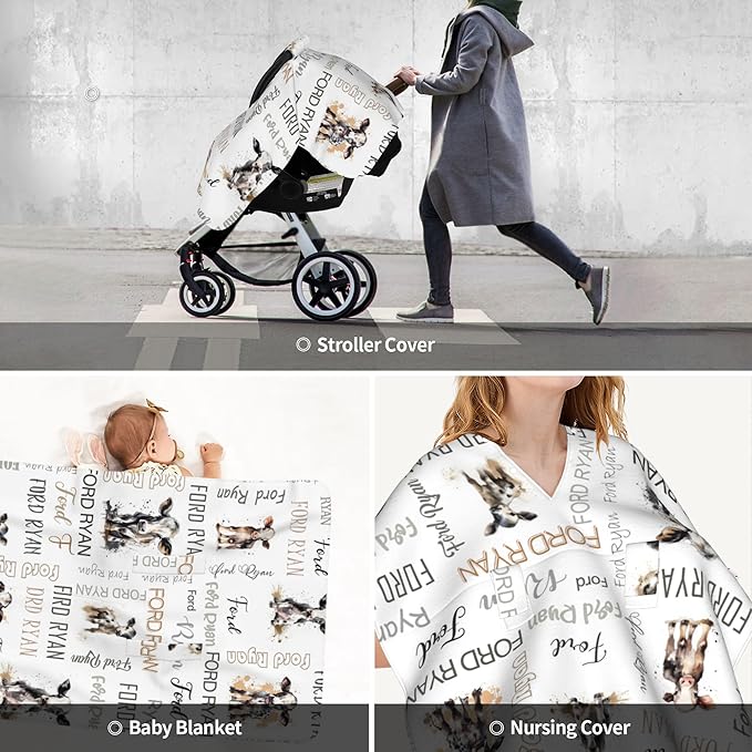 Personalized Winter Baby Car Seat Cover with Name Cow Winter Car Seat Cover for Baby Seat or Stroller Custom Infant Car Seat Covers Minky Blankets Nursing Cover Breastfeeding Scarf