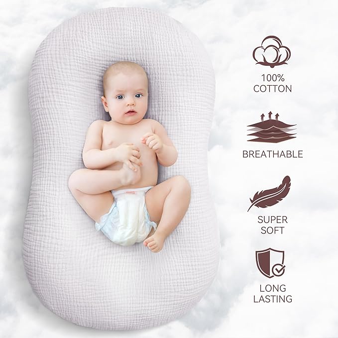 Muslin Baby Lounger Cover 1 Pack, Cotton Soft Breathable Infant Nest Slipcover, Envelope Closure, Compatible with Snuggle Me Loungers, Machine Washable, Cover Only, for Boys Girls(Gray)