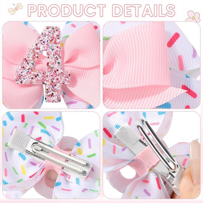 Birthday Hair Bow Hair Clips for Girls 1 2 3 4 5 6 Years, Baby Girl Accessories Bow Birthday Decorations, Pink Baby Girls Ice Cream Hair Bows Clips for 4th