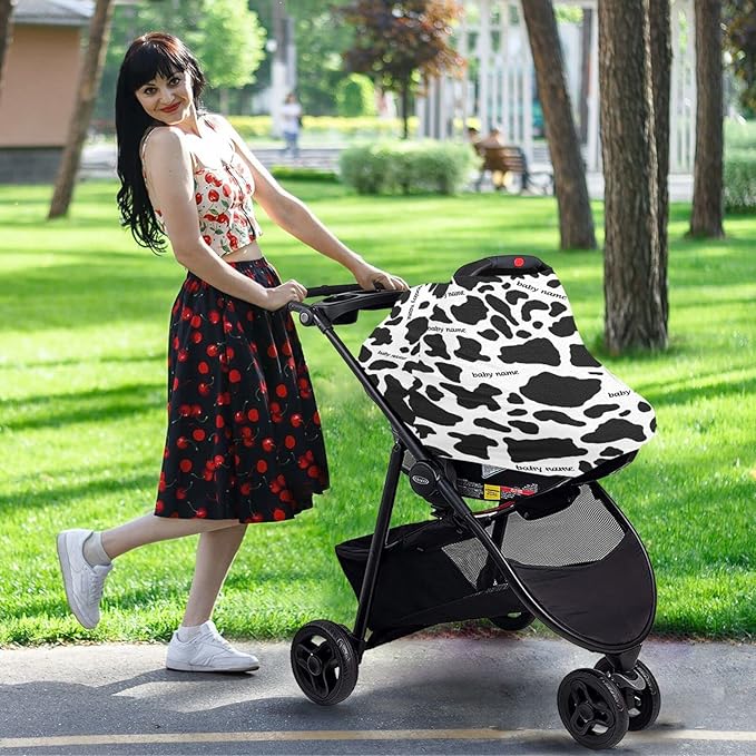 Personalized Baby Car Seat Cover for Babies, Custom Name Baby Car Seats Canopy for Boys Girls, Nursing Breastfeeding Stroller Covers for Infant Newborn, Shower Gift (Cow Print Black)