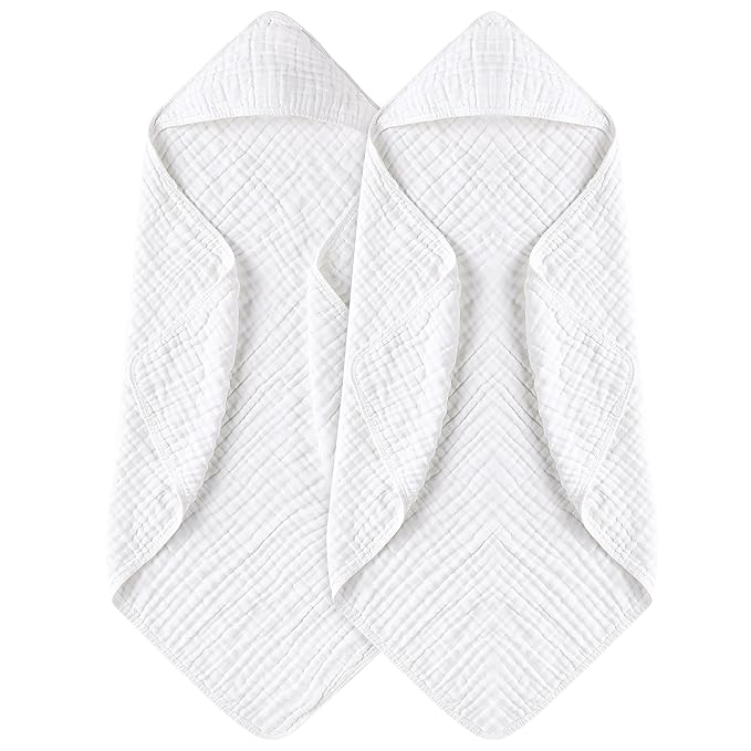Yoofoss Hooded Baby Towels for Newborn 2 Pack 100% Muslin Organic Cotton Baby Bath Towel with Hood for Babies, Infant, Toddler and Kids, 32x32Inch, Soft and Absorbent Newborn Essential,White-2 Pack