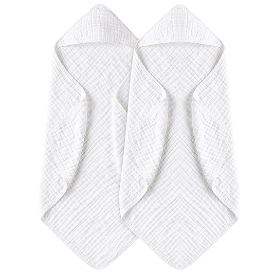 Yoofoss Hooded Baby Towels for Newborn 2 Pack 100% Muslin Organic Cotton Baby Bath Towel with Hood for Babies, Infant, Toddler and Kids, 32x32Inch, Soft and Absorbent Newborn Essential,White-2 Pack