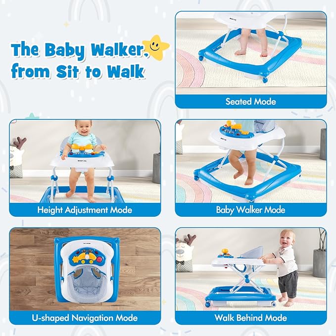 HONEY JOY Baby Walker, 5 in 1 Infant Activity Walker with Wheels, Music, Removable Cushion, Toddler Foldable Push Walker for Boys Girls, Anti-Rollover Walkers for Babies 7-14 Months (Blue)