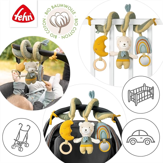 Fehn Activity-Spirale Bär fehnNATUR – Stoff-Spirale mit Lernfunktionen und Bio-Baumwolle aus kontrolliert biologischem Anbau – fördert Babys Sinne zuhause & unterwegs – für Babys ab Geburt