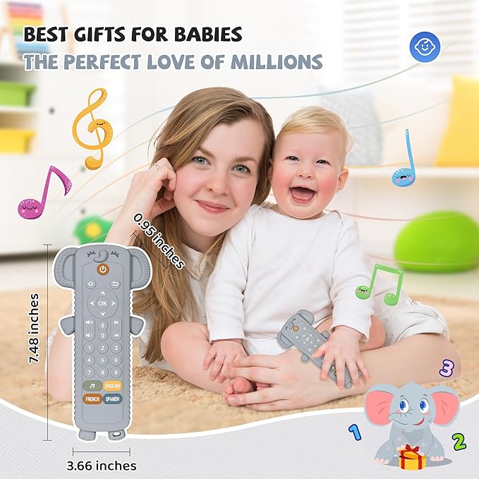 KIRALUMI Baby Remote Control Toy with Silicone Teether Cover - Baby Musical Toys, Early Number Learning in 3 Languages (English, Spanish & French), Preschool Boys Girls Toys Gift 6, 12, 18 Months.