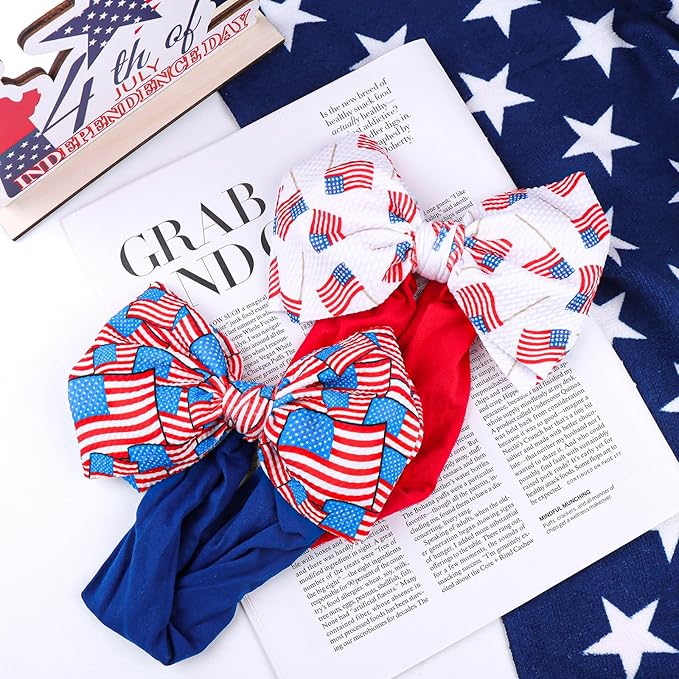 Hairband, 4th of July Baby Headband, American Flag Bow, Patriotic Headband, Red Blue White, Newborn Bows Infant Headband for Baby Girl, Toddler Headbands, 2 Count