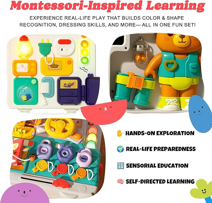 Montessori Busy Board for Toddlers 1-3, Baby Educational Activity Board with Lights & Music, Sensory Toys for Fine Motor Skills, Travel Toys for Airplane Cars, Gift for Boys Girls