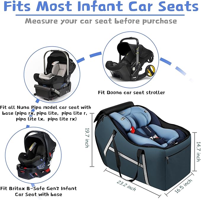 Infant Car Seat Travel Bag for Airplane Compatible with All Nuna Pipa Car Seat and Base,Chicco KeyFit 30 and Base, Padded Car Seat Bags for Air Travel,Car Seat Gate Check Bag with Side Pocket, Blue