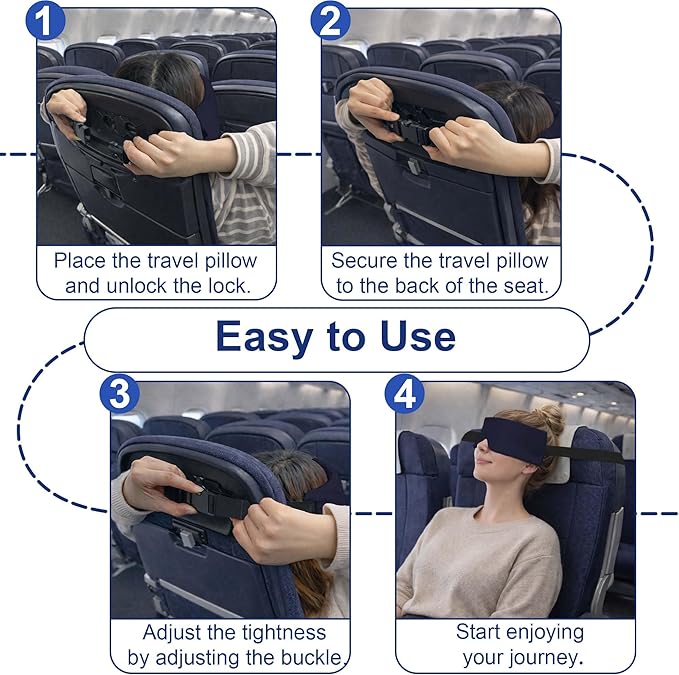 SPRING SEAON Airplane Head Strap for Sleeping, Double-Sided Airplane Eye Mask Head Holder, Adjustable Seat Sleeper Support for Plane, Car & Office Chair, Contoured Nose-Friendly Design，Pouch Included