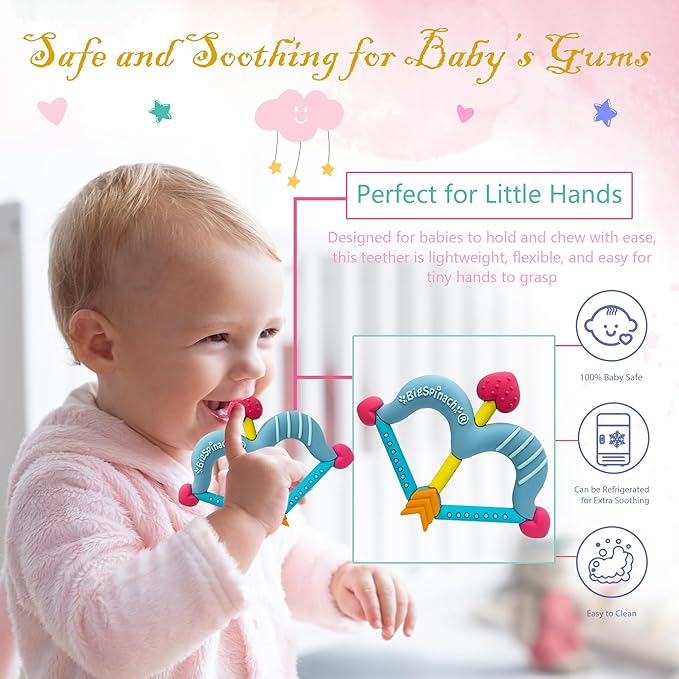 BIGSPINACH Teethers Heart Shape Silicone Baby Teether Toy Easy for Little Hands to Hold,Cupid Bow and Arrow Soft Teething Toy for Infants,Valentine's Gift for Girl or Boy (Blue)