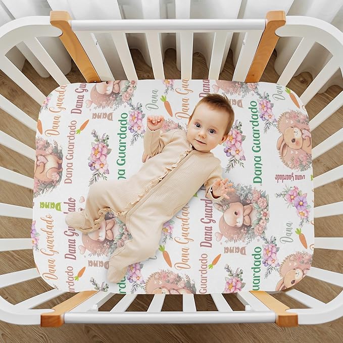 Personalized Pack and Play Sheets with Name, Custom Cute Bunny Rabbits Mini Crib Fitted Sheet for Baby Girls, Customized Multiuse Sheets for Pack & Play, Playard, Playpen, Mini Crib Mattress
