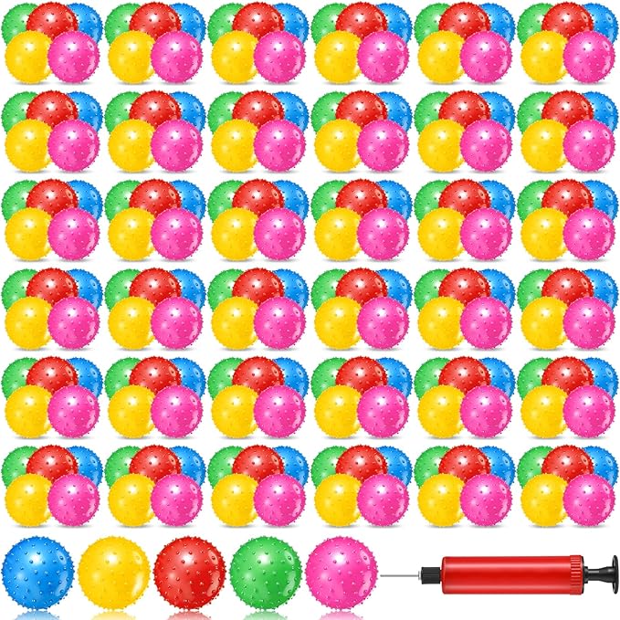 Lenwen 200 Pcs Kids Knobby Balls 5.5 Inch Soft Bouncy Balls Bulk for Toddlers Inflatable Sensory Toys with Air Pump Spiky Massage Stress Toys for Kindergarten Playground Backyard Pool, 5 Color