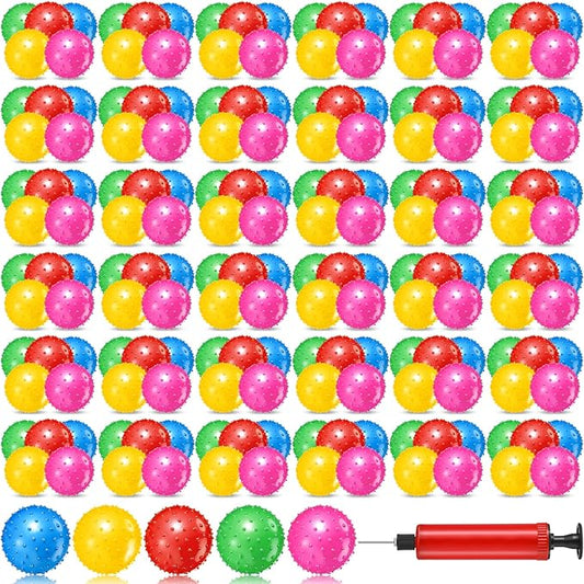 Lenwen 200 Pcs Kids Knobby Balls 5.5 Inch Soft Bouncy Balls Bulk for Toddlers Inflatable Sensory Toys with Air Pump Spiky Massage Stress Toys for Kindergarten Playground Backyard Pool, 5 Color