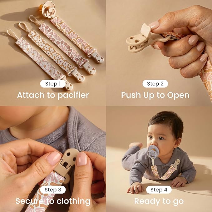 Stadela Baby Fabric Pacifier Clip Holder, Plastic Clip, 4‑Pack, Farm Pattern, Tractors Set