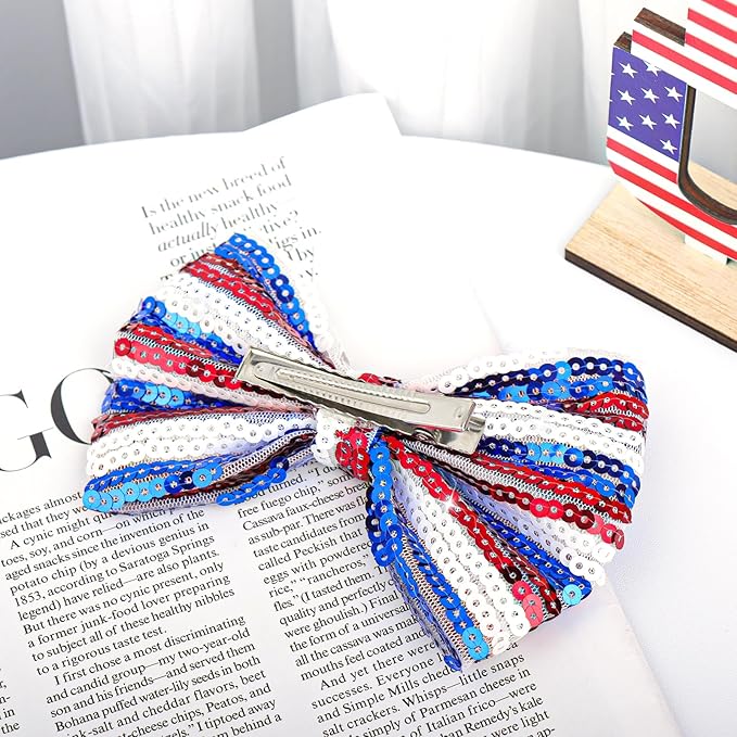 Bow Hair Clips for Girls 4th of July Girls Hair Accessories 5” Big Bows Hairpin Baby Barrettes Sequins Cheer Bows Red Blue Glitter Teens/Kids/Children