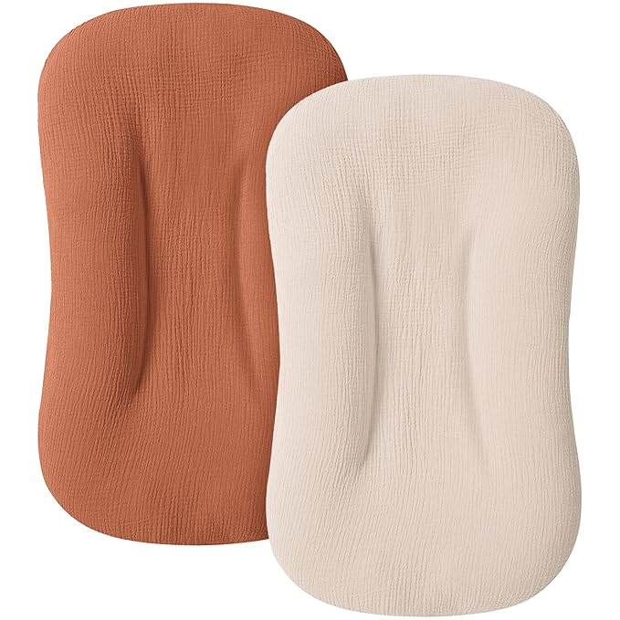 MairMore Muslin Baby Cover for Newborn, Soft and Breathable 100% Cotton Lounger Slipcover Neutral, Pack of 2(Caramel)