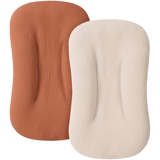 MairMore Muslin Baby Cover for Newborn, Soft and Breathable 100% Cotton Lounger Slipcover Neutral, Pack of 2(Caramel)