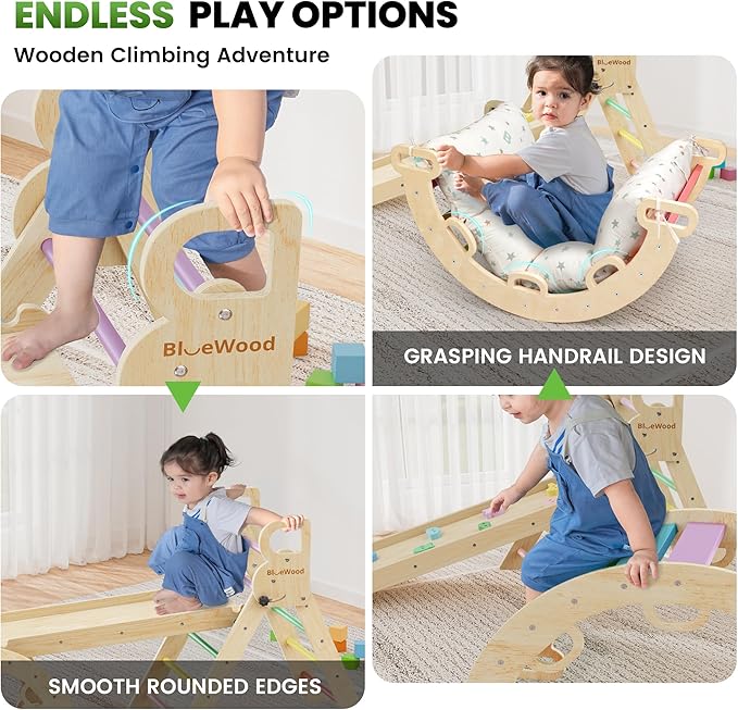 BlueWood Pikler Triangle Set with Cushion - Climbing Toys for Toddlers 9-in-1, Montessori Philosophy Play Jungle Gym with Arch, Ramp, Ladder (Rainbow)