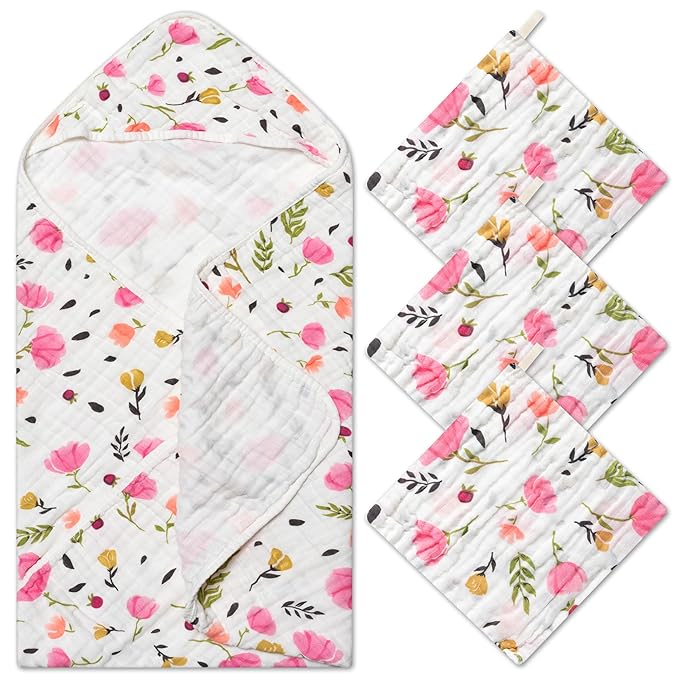 Zainpe 4Pcs Muslin Baby Hooded Towel & Washcloth Set Spring Pink Flowers Pattern Soft Absorbent Cotton Bath Hood Towels for Newborn Toddlers Essentials Boys Girls Infant Shower Gift 31.5 x 31.5 in
