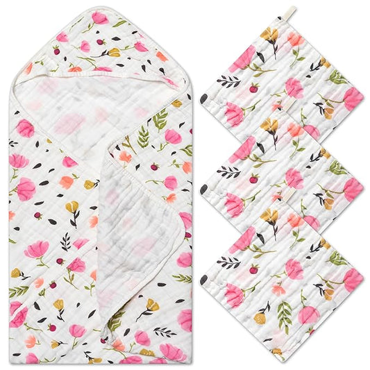 Zainpe 4Pcs Muslin Baby Hooded Towel & Washcloth Set Spring Pink Flowers Pattern Soft Absorbent Cotton Bath Hood Towels for Newborn Toddlers Essentials Boys Girls Infant Shower Gift 31.5 x 31.5 in