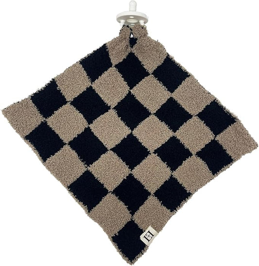 L+L USA Checkered Baby Lovey Pacifier/Teether Holder 10"x10" - DreamSoft Plush Fluffy Cuddly Soothie Reversible Mini Comfort Blanket - Cute Newborn Gift Essential for Babies Boys Girls (Black/Brown)