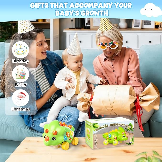 Musical Dinosaur Toy for Baby, Dinosaur Crawling Toys for 3-9 Months, Babies 6-12 Months for Early Development Learning Toys with Light & Sound, Birthday Gift for 1 2 Year Old Toddlers