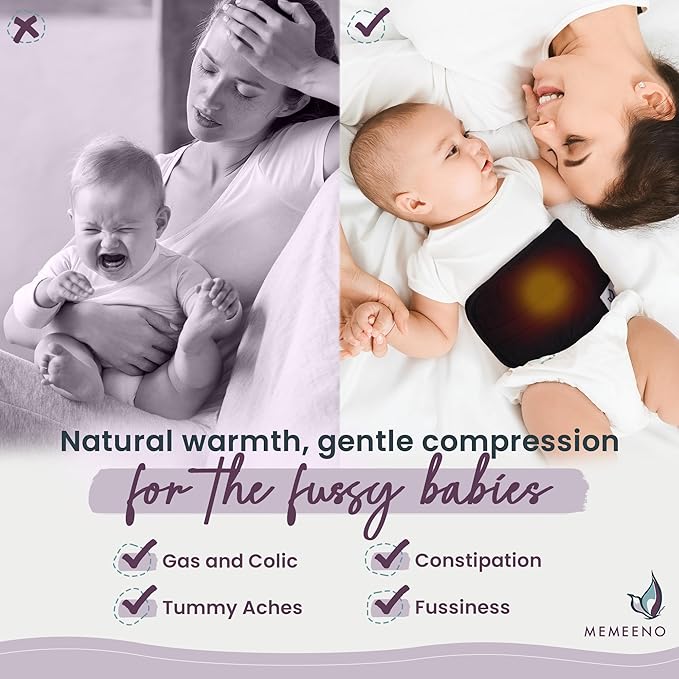 MEMEENO Baby Belly Band for Gas & Colic Relief - Heating Pad, Tummy Wrap for Newborns, Noir
