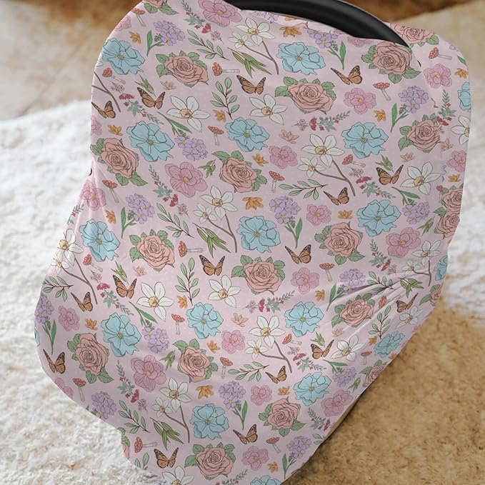 Vintage Wildflowers Baby Car Seat Covers Pink Floral Leaves Mushroom Butterflies Stretchy 5-in-1 Cover Adjustable Car Canopy Breastfeeding Cover Spring Garden Breathable Nursing Cover-Up