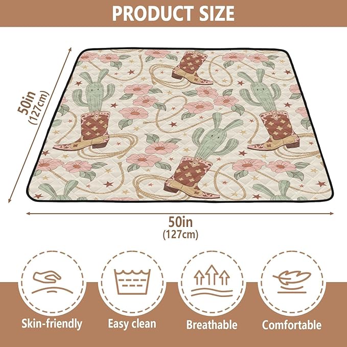 Baby Play Mat Cactus Cowboy Boots Floral 50 x 50 Playpen Mat Baby Play Mats for Floor Play Gym Crawling Mat Non-Slip Cushioned Baby Playmat for Infants, Babies, Toddlers