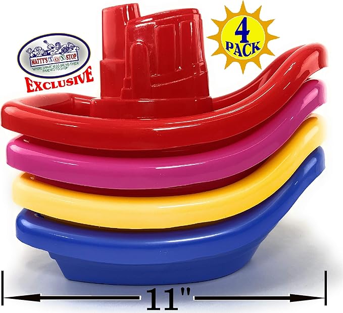 Matty's Toy Stop Plastic Nesting/Stacking Tug Boats (11") Red, Blue, Pink & Yellow Gift Set Bundle, Perfect for Bath, Pool, Beach Etc. - 4 Pack