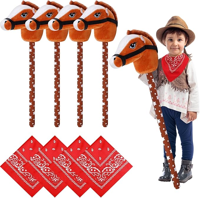 Poen 4 Pack Light Brown Horse Stick with Sound Red Bandana Set 27.6'' Toys Stick Horse Western Cowboy Bandana Head with Neighing Sound for Boys Girls Fun Pretend Games Son Daughter(Brown and Red)