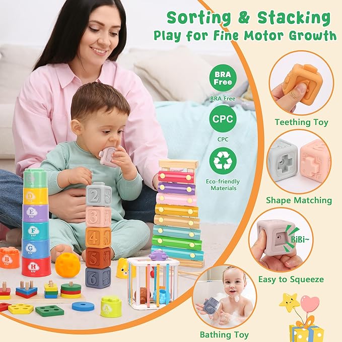 6 in 1 Montessori Baby Toys 6-12-18 Months Infant Sensory Developmental Toys Set, Toddler Gift Early Learning Baby Toys for 1 Year Old Boys Girls