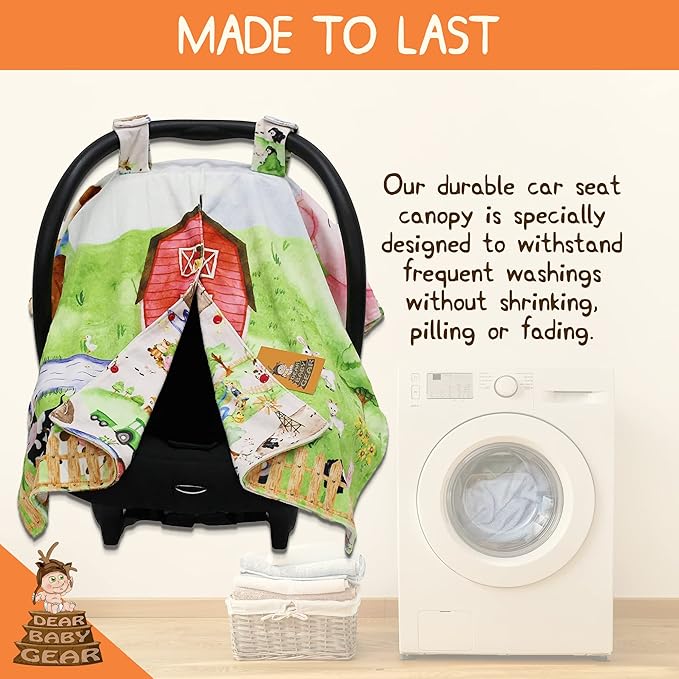 Dear Baby Gear Car Seat Cover for Boys & Girls - Baby Carseat Canopy w/Snap Opening - Infant Seat Cover - Stroller & Nursing Covers - Newborn Carrier Canopy - 40x30" (Barn with Animals Farm Life)