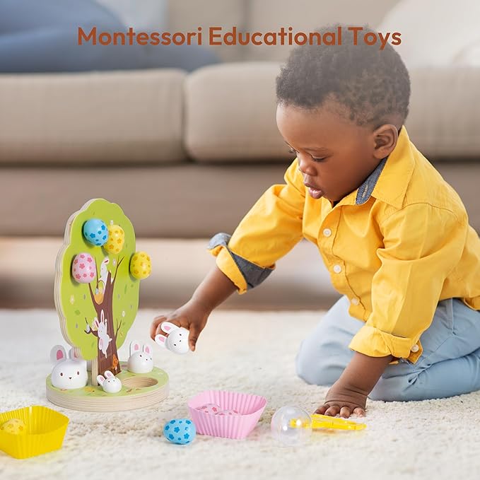 Woodtoe Easter Toys for Toddlers, Magnetic Easter Eggs, Picking Easter Bunny Toy, Montessori Toys for 3 4 5 6 Year Old, Wooden Sensory Color Sorting Toys, Spring Easter Basket Stuffers Gifts for Kids
