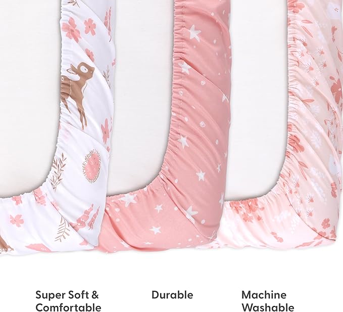 The Peanutshell 3-Pack Fitted Playard Sheets - Soft & Breathable Baby Girl Mini Crib Sheets, Pack N Play Mattress, Fits Standard Playard Pack Play Mattresses - Woodland Floral