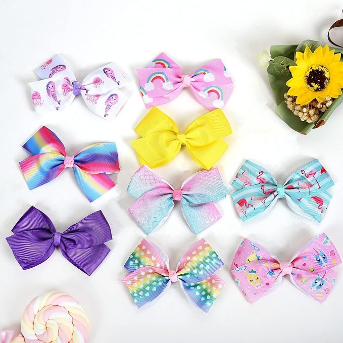 18 Pcs 5 Inch Hair Bows for Girls,Colorful Rainbow Heart Girls Hair Bows Grosgrain Ribbon Hair Bow With Alligator Clips for Toddlers Little Girl Children Kids Teens