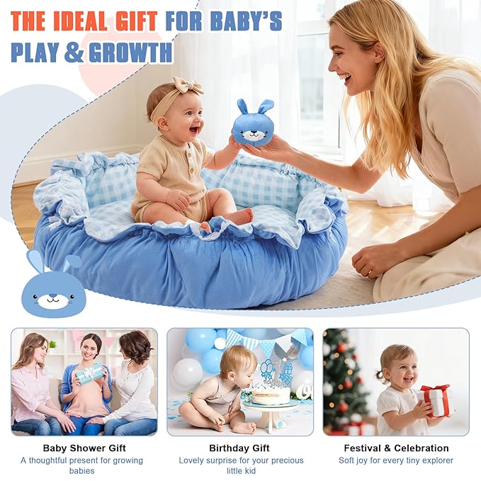 5-in-1 Baby Gym Play Mat with Cartoon Pattern, Extra Thick Plush Tummy Time Activity Gym with Hanging Toys, Sensory Development & Motor Skills Training Floor Mat, Blue