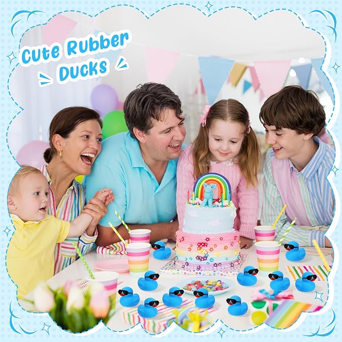 Hiboom 300 Pack Mini Rubber Ducks Set Bath Toys in Bulk with Sunglasses Float Squeak Tiny Baby Shower Rubber Duck Bathtub Pool Toy for Kids Party Birthday Supplies Prize Rewards(Blue)
