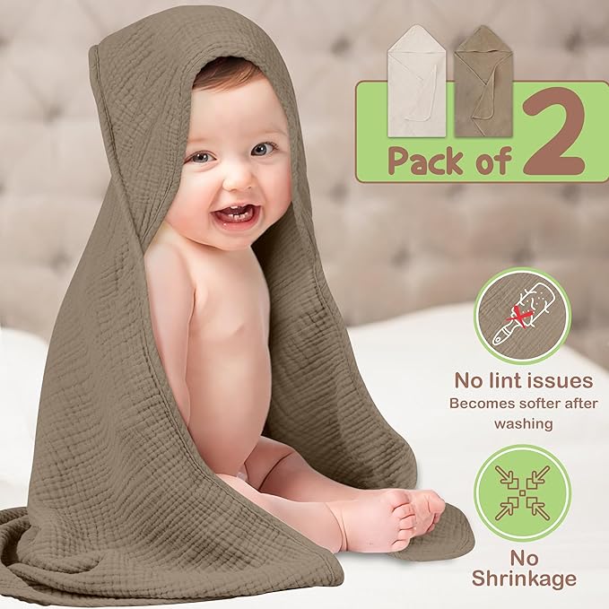 100% Organic Cotton Muslin Baby Hooded Towels 32x32 Inch – 2 Pack Soft & Absorbent Hooded Baby Towels For Boys & Girls, Premium Hooded Towels, Ultra-Gentle Baby Essentials in Deep Olive/Ivory