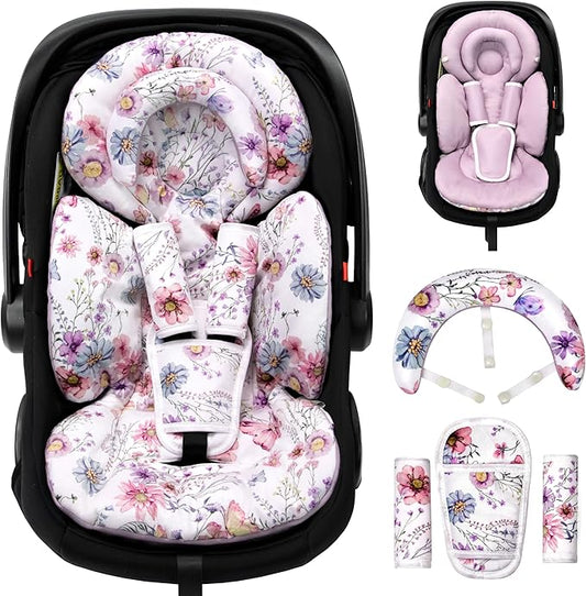 TinlyFinly Infant Car Seat Insert with Extra Cushion for Preemie to Toddler, Reversible Newborn Carseat Insert for Baby Head Body Support, Fits for Stroller, Baby Swing, Bouncer (Purple Wildflower)