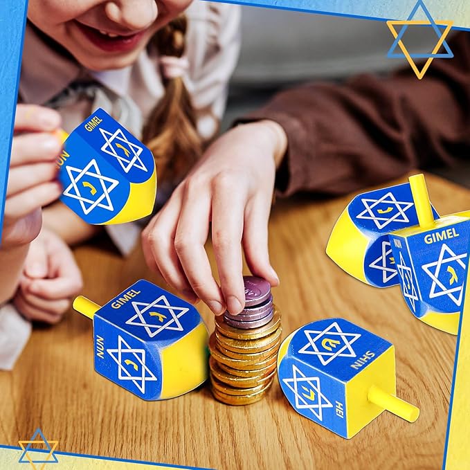 Wonderjune 2 Pcs Hanukkah Dreidels Extra Large Wooden Dreidel for Hanukkah Decoration with English Transliteration, Forever Spinning Tops Party Favors(Hexagram)