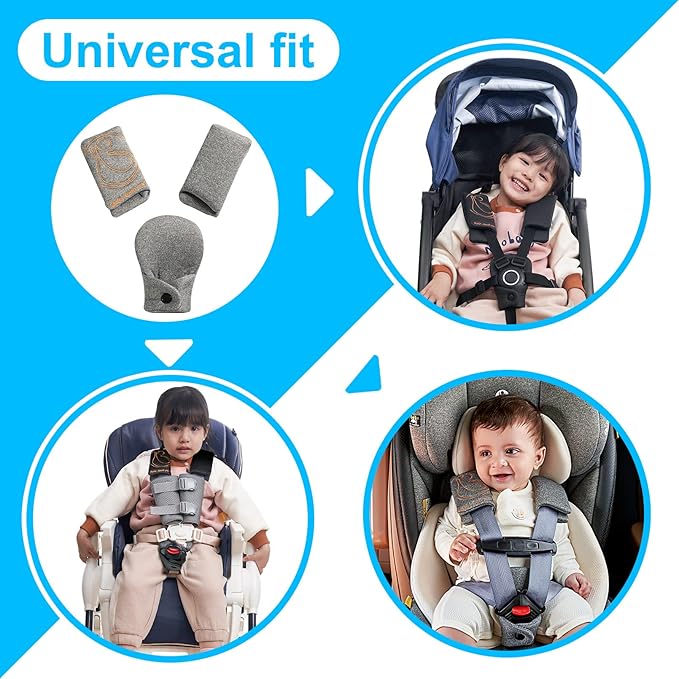 Innokids Car Seat Strap Cover Set for Baby Kids Seat Belt Covers with Crotch Pad Back Anti-Slip Design for Car Seats Pushchair Stroller (Small (4.9”L), Gray)