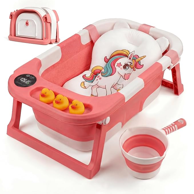 Collapsible Baby Bathtub for Newborn Infant Girl & Boy 0-24 Months, Foldable Portable Bathtub with Thermometer, Heat Sensor, Drain Plug, Water Scoop, Unicorn Cushion Pillow, Travel Bath Tub for Shower