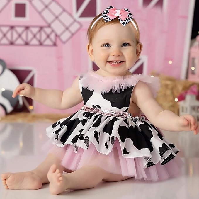 Cow Print Bow Headband for Girls - Pink, 1st Birthday Party Decorations, Farm Animal Themed Party Decor, One Headband Photo Prop (Cow1)