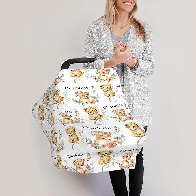Personalized Lion Baby Car Seat Cover with Name,Multi-Use Canopy for Nursing, Strollers,Shopping Carts,Customized Breastfeeding Cover, Full Privacy,Infant Stroller Cover