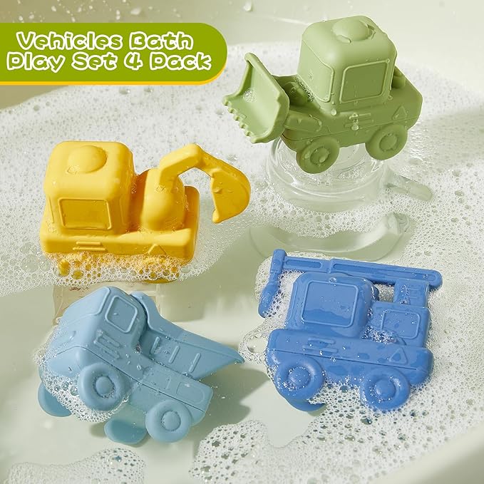 Mold Free Bath Toys 4 Pack Silicone Car Bath Toys - Truck & Construction Toys | Detachable, Squeezable & Floating Toddler Bath Toy | Bathtub Water Pool Toys for Toddler Gifts