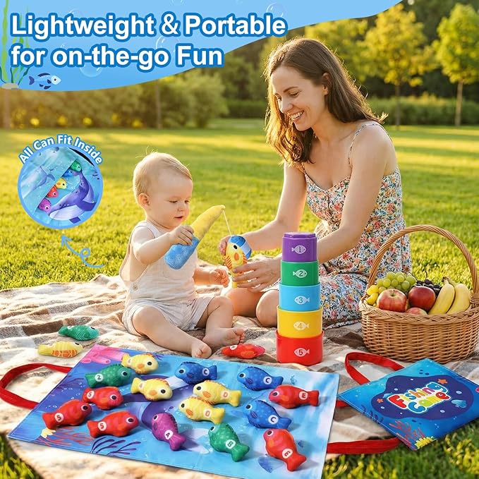 COUOMOXA Montessori Toys for 1 Year Old Baby: 22PCS Cloth Fishing Game with Stacking Cups - 6-12-18 Months Toddler Color Sorting Learning Toy Indoor Outdoor Play for Age 1 2 3 Boy Girl