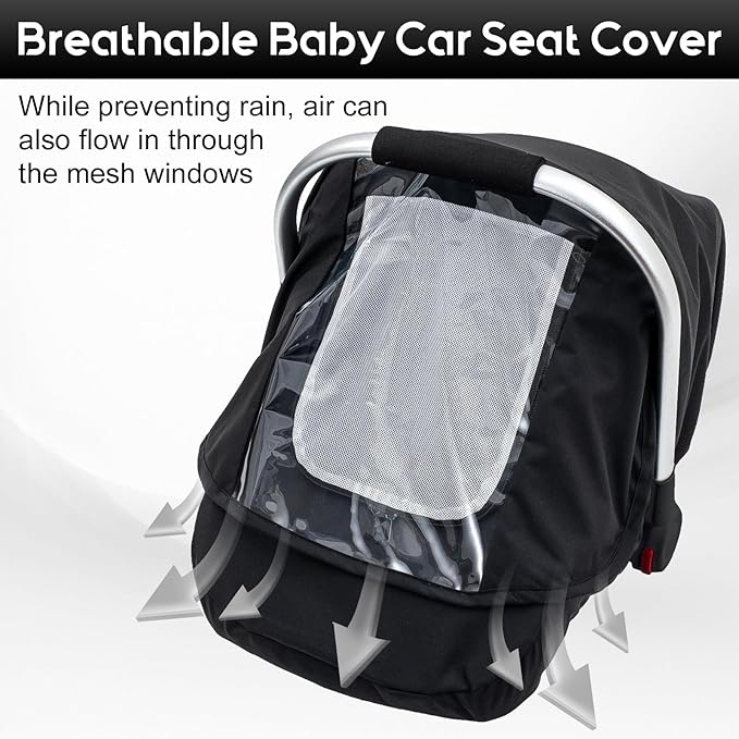 Waterproof Baby Car Seat Cover, Car Seat Rain Cover with Clear Window & Breathable Mesh, Universal Baby Carrier Cover with Support Rod to Prevent Collapse, Lightweight Weather Shield with Storage Bag
